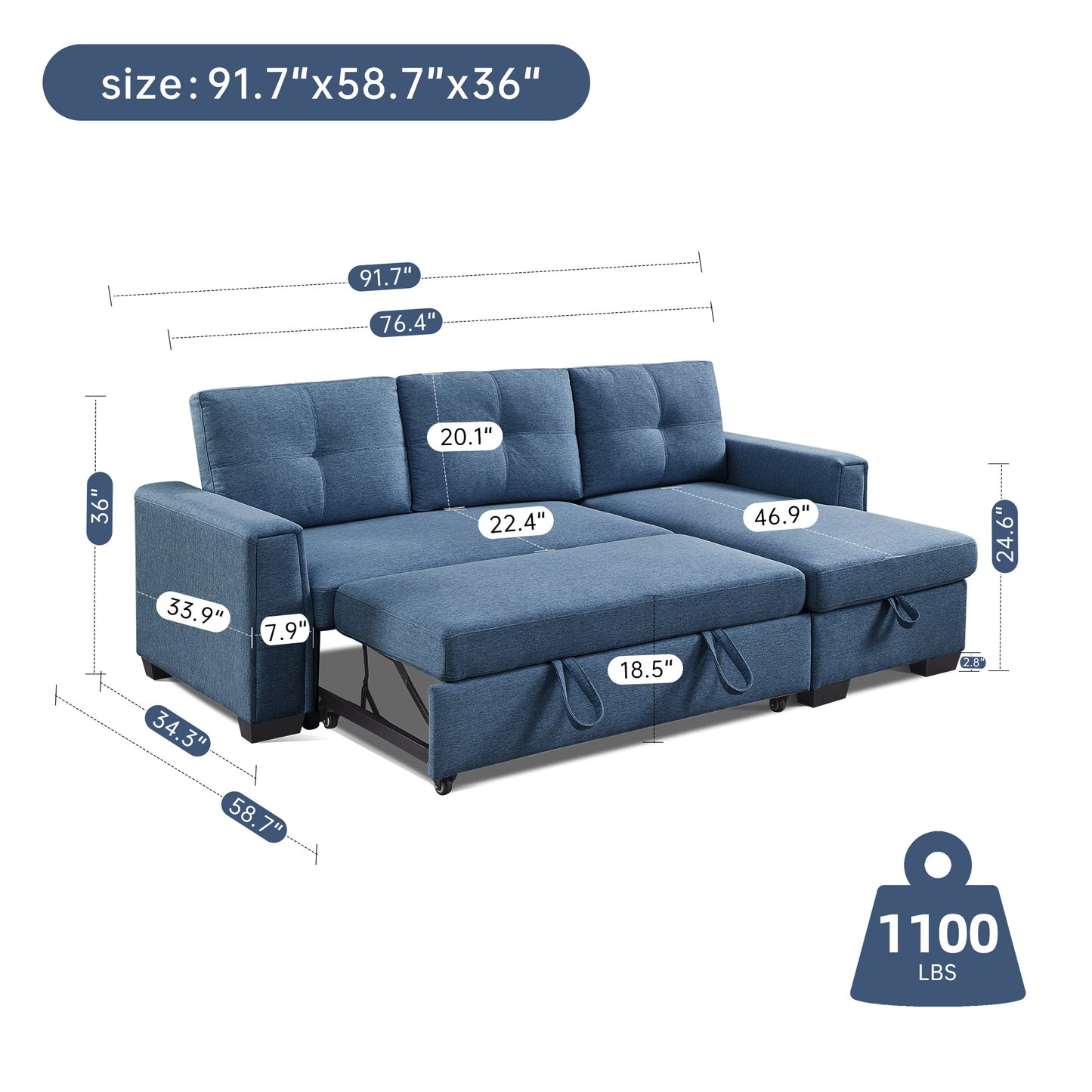 Mammoth 92" Sleeper Sectional Sofa Bed